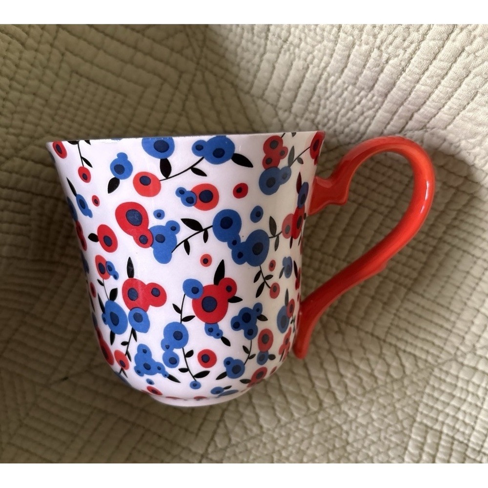 Red Blue Floral Coffee Tea Mug Folk Art Flowers Ceramic Cup Large OrangeHandle